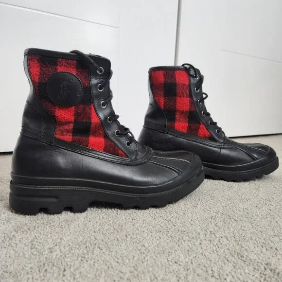 Polo Ralph Lauren Udel Men's Duck Boots Black Red Plaid Size 10.5 - Picture 4 of 12